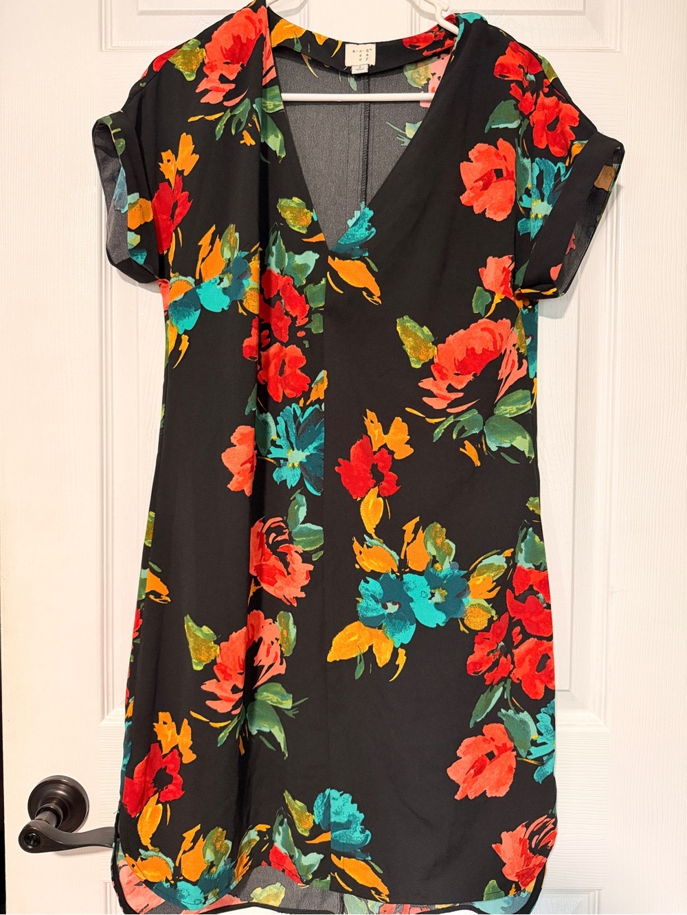 a new day Black Floral V-Neck Dress with Red, Teal & Yellow Blooms